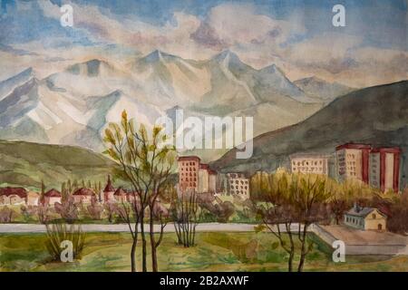 Illustrazione acquerello. Paesaggio di una valle di montagna tramonto, alba. Pittura d'arte. Foto Stock