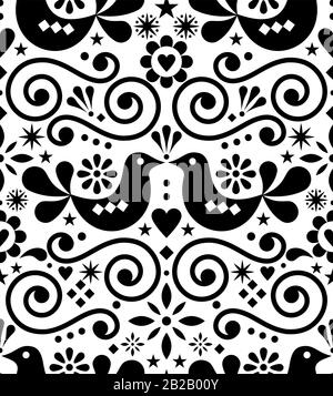 Scandinavian floreale arte popolare vettoriale senza cuciture design, cute modello nordico con uccelli in nero su sfondo bianco Illustrazione Vettoriale