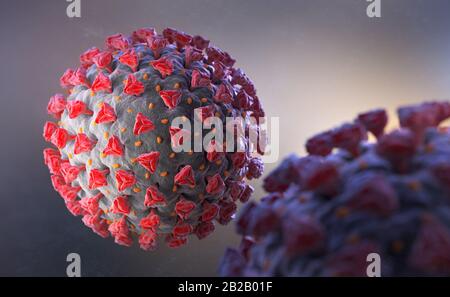 Illustrazione di Coronavirus. Un patogeno che attacca le vie respiratorie. Rendering 3D Foto Stock