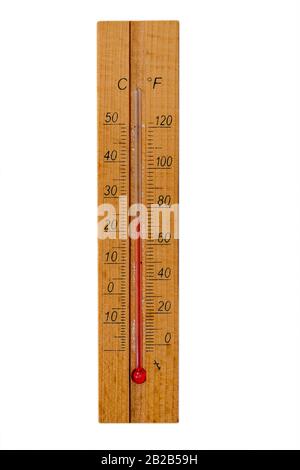 Termometro in legno isolato su sfondo bianco Foto Stock