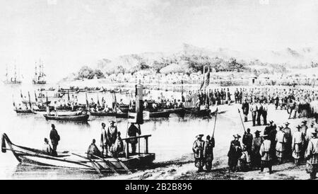 Rappresentazione dello sbarco dell'ufficiale americano Matthew Calbraith Perry in Giappone presso Tokyo l'8 luglio 1853. Foto Stock