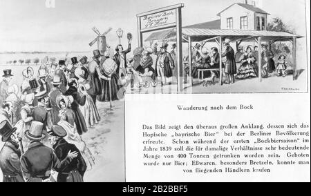 Il disegno mostra i cittadini berlinesi che attendono in una taverna di birra di roccia. La birra bavarese era ben accolta dalla gente di Berlino. Durante la prima stagione del 1839, si dice che sia stato bevuto un quantitativo di 400 tonnellate. Foto Stock