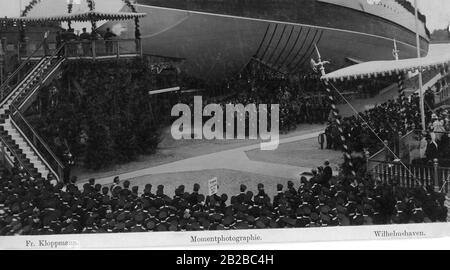 Lancio dell'SMS "Kaiser Wilhelm" il 14.09.1897 da parte del Principe Heinrich di Prussia. E' una nave della Marina Imperiale e appartiene alla classe Kaiser-Friedrich-III. Apparteneva allo squadrone 1st della flotta di battaglia attiva ed era la sua ammiraglia fino al 1906. Foto Stock