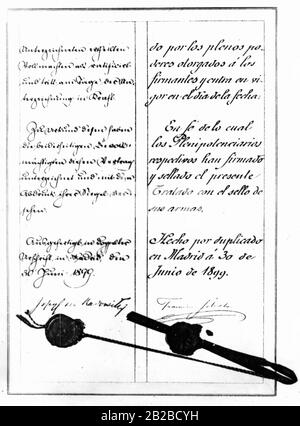 Lo sfortunato esito della guerra spagnolo-americana ha provocato la perdita delle Filippine per la Spagna. Poco dopo, le Isole Caroline e Mariana sono state acquisite dal Reich tedesco attraverso un accordo di acquisto dalla Spagna. Il facsimile dell'ultima pagina mostra l'accordo firmato a Madrid il 30 giugno 1899. Foto Stock