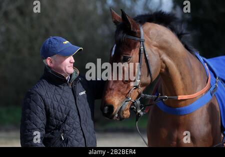 Joe Tizzard con Lostintranslation durante la visita alla stalla di Colin Tizzard presso la Spelles Farm, Milborne Port. Foto Stock