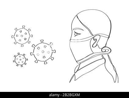 La ragazza cinese si protegge dai virus con una maschera. Disegnato a mano in una riga. Illustrazione del vettore stock isolato. Illustrazione Vettoriale