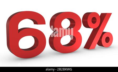 3d Shiny Red Number Sixty Eight Percent 68% Isolato Su Sfondo Bianco. Foto Stock
