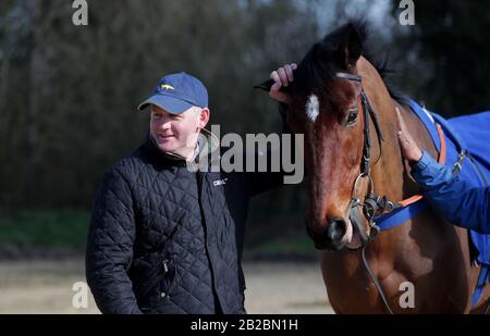 Joe Tizzard con Lostintranslation durante la visita alla stalla di Colin Tizzard presso la Spelles Farm, Milborne Port. Foto Stock