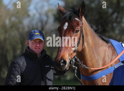 Joe Tizzard con Lostintranslation durante la visita alla stalla di Colin Tizzard presso la Spelles Farm, Milborne Port. Foto Stock