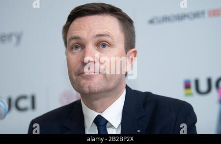 Berlino, Germania. 01st Mar, 2020. Ciclismo/pista: Campionati del mondo, conferenza stampa UCI: David Lappartient, Presidente dell'Unione Internazionale della bicicletta (Union Cycliste Internationale - UCI), partecipa a una conferenza stampa. Credito: Sebastian Gollnow/Dpa/Alamy Live News Foto Stock
