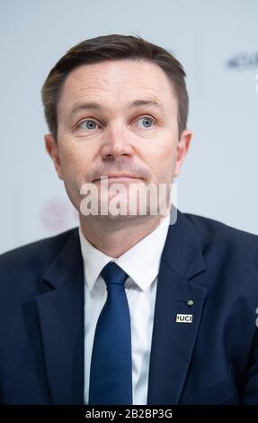 Berlino, Germania. 01st Mar, 2020. Ciclismo/pista: Campionati del mondo, conferenza stampa UCI: David Lappartient, Presidente dell'Unione Internazionale della bicicletta (Union Cycliste Internationale - UCI), partecipa a una conferenza stampa. Credito: Sebastian Gollnow/Dpa/Alamy Live News Foto Stock