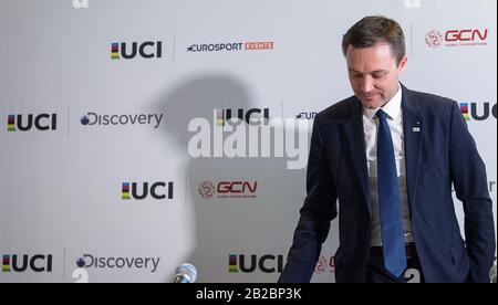 Berlino, Germania. 01st Mar, 2020. Ciclismo/pista: Campionati del mondo, conferenza stampa UCI: David Lappartient, Presidente dell'Unione Internazionale della bicicletta (Union Cycliste Internationale - UCI), viene a una conferenza stampa. Credito: Sebastian Gollnow/Dpa/Alamy Live News Foto Stock