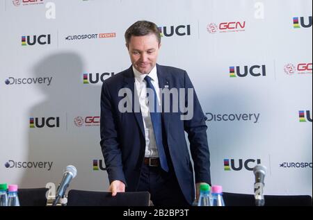 Berlino, Germania. 01st Mar, 2020. Ciclismo/pista: Campionati del mondo, conferenza stampa UCI: David Lappartient, Presidente dell'Unione Internazionale della bicicletta (Union Cycliste Internationale - UCI), viene a una conferenza stampa. Credito: Sebastian Gollnow/Dpa/Alamy Live News Foto Stock