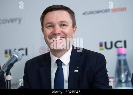 Berlino, Germania. 01st Mar, 2020. Ciclismo/pista: Campionati del mondo, conferenza stampa UCI: David Lappartient, Presidente dell'Unione Internazionale della bicicletta (Union Cycliste Internationale - UCI), partecipa a una conferenza stampa. Credito: Sebastian Gollnow/Dpa/Alamy Live News Foto Stock