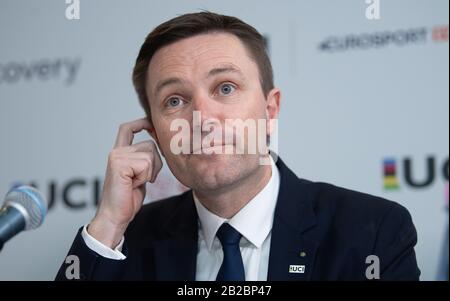 Berlino, Germania. 01st Mar, 2020. Ciclismo/pista: Campionati del mondo, conferenza stampa UCI: David Lappartient, Presidente dell'Unione Internazionale della bicicletta (Union Cycliste Internationale - UCI), partecipa a una conferenza stampa. Credito: Sebastian Gollnow/Dpa/Alamy Live News Foto Stock