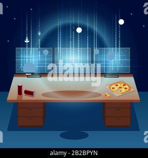 Hacker che lavora su un codice su sfondo digitale scuro con interfaccia digitale. Codice Computer Binario. Programmazione, Codifica, Concetto Hacker. Cartone Animato Illustrazione Vettoriale