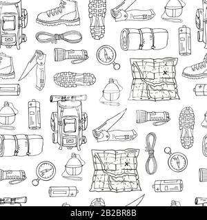 Modello vettoriale senza giunture disegnato a mano con elementi neri isolati su bianco. Texture infinita. Attrezzatura per escursioni in campeggio. Zaino, stivali, mappa Illustrazione Vettoriale