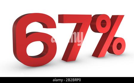 3d Rosso Lucido Numero Sessanta Sette Per Cento 67% Isolato Su Sfondo Bianco. Foto Stock