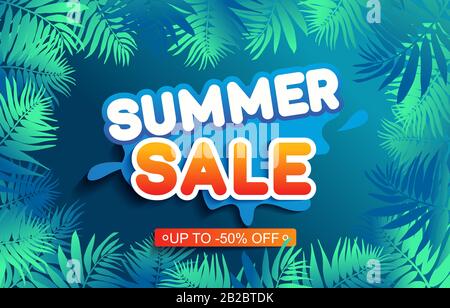 Vendita estiva ad sfondo con foglie, stelo isolato su sfondo cielo blu. Illustrazione Vettoriale