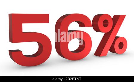 3d Shiny Red Number Fifty Six Percent 56% Isolato Su Sfondo Bianco. Foto Stock