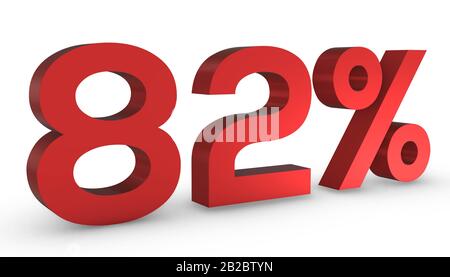 3d Shiny Red Numero Ottanta Due Percento 82% Isolato Su Sfondo Bianco. Foto Stock