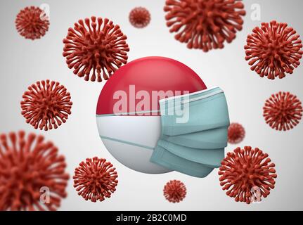 Bandiera dell'Indonesia con maschera facciale protettiva. Concetto di coronavirus. Rappresentazione 3D Foto Stock