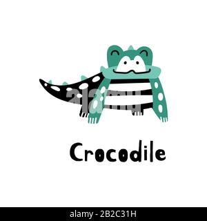Simpatico coccodrillo cartone animato in semplice stile scandinavo. Animale selvatico isolato su sfondo bianco. Illustrazione del vettore piatto. Illustrazione Vettoriale