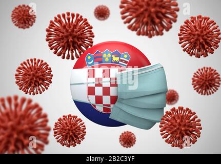 Bandiera della Croazia con maschera facciale protettiva. Concetto di coronavirus. Rappresentazione 3D Foto Stock