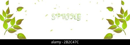 Spring header marrone verde e testo per sfondo web. Banner a colori per l'estate, sfondo naturale. Nuovo modello di poster Orizzontale. Illustrazione isolata del vettore di progettazione ECO. Concetto di primavera. Illustrazione Vettoriale