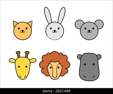 Gatto, Coniglio, Mouse, Giraffa, Leone, Ippona. Teste di animale. Per bambini. Moderna immagine vettoriale piatta su sfondo bianco. Illustrazione Vettoriale