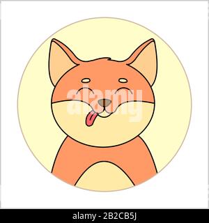 Cane con la lingua che si attacca in un'icona rotonda; Cane giapponese Sorridente. Akita Inu. Moderna immagine vettoriale piatta su sfondo bianco. Illustrazione Vettoriale
