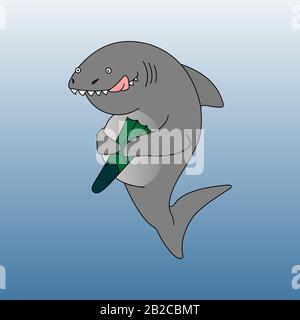 Lo squalo ha mangiato una scuba Diver. Uno squalo divertente. Lo squalo Sorride, lecca e Tiene UN flipper nelle Sue Pinne. Illustrazione moderna di un vettore piatto. Illustrazione Vettoriale