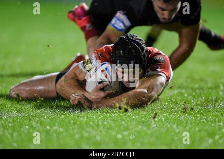 29th Febbraio 2020, Stadio Halliwell Jones, Warrington, Inghilterra; Betfred Super League, Toronto Wolfpack / Saint Helens : Jonny Lomax (6) di St Helens punteggi per farlo 0-10 Foto Stock