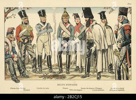 Uniformi militari francesi dalla guerra peninsulare, Lancer, Hussar, Dragoon, Grenadier Foto Stock