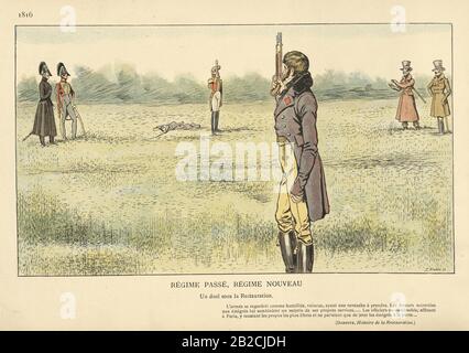 Due uomini francesi che combattono un duello con pistole, Regime passe, Regime nouveau, Un duello sous la restauration, 1816 Foto Stock