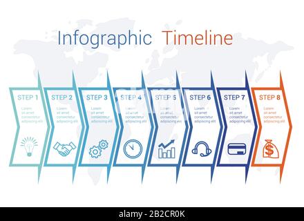 Timeline le frecce infografiche sulla mappa numerate per 8 posizioni possono essere utilizzate per flusso di lavoro, banner, diagramma, web design, area chart. Illustrazione Vettoriale