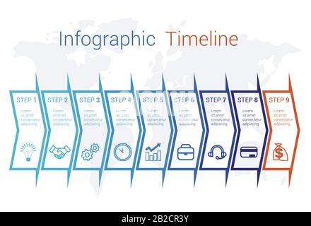 Timeline le frecce infografiche sulla mappa numerate per 9 posizioni possono essere utilizzate per flusso di lavoro, banner, diagramma, web design, area chart. Illustrazione Vettoriale