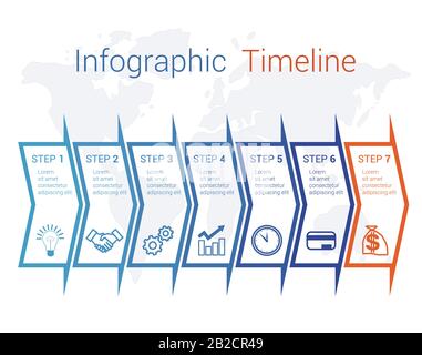 Timeline le frecce infografiche sulla mappa numerate per 7 posizioni possono essere utilizzate per flusso di lavoro, banner, diagramma, web design, area chart. Illustrazione Vettoriale