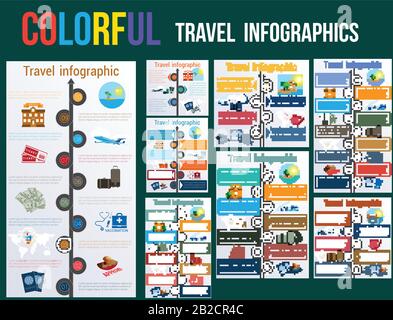 Il concetto di turismo e di viaggio nell'infografica. Modelli 3,4,5,6,7,8,9,10 posizioni. Freccia autostradale, passaporti, visto, carta, punto, siringa, medico Illustrazione Vettoriale