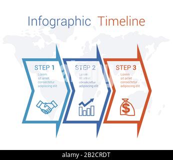 Timeline le frecce infografiche sulla mappa numerate per 3 posizioni possono essere utilizzate per flusso di lavoro, banner, diagramma, web design, area chart. Illustrazione Vettoriale