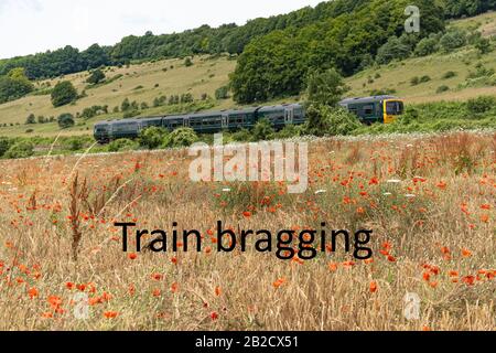 Immagine del concetto di formazione di bragging - utilizzo di treni invece di volare per ridurre l'ingombro di carbonio Foto Stock