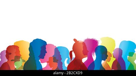 Talking crowd.Dialog group varid people.Colored silhouette profiles.Multietnico persone talking.Communicate.Sharing idea.Multiculturale.Informare.Parlare Foto Stock