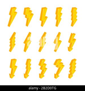Set di logo vettoriali Lightning Bolts 3D. Concetto di energia ed elettricità. Cartoon flash collection. Simboli elettrici e di potenza, alta velocità, velocità e. Illustrazione Vettoriale