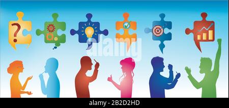 Profilo colorato persone gesturing. Pezzi di puzzle con risoluzione dei problemi simboli. Soluzione aziendale. Team di risoluzione dei problemi di concetto. Strategia e successo Illustrazione Vettoriale