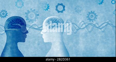 Neuroscienze. Concetto di soluzione con COG. Testa umana silhouette in profilo con cervello. Pensato con gli attrezzi. Cognizione ed educazione. Persone che imparano. Foto Stock