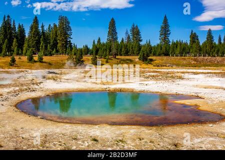 Piccola piscina termale a West Thumb Geyser Bision, Parco Nazionale di Yellowstone Foto Stock