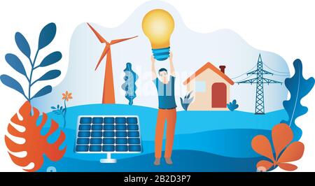 Prosumer.Renewable Energy.Self-produced Energy sharing.Ecological house.Photovoltaics.Man tenere una lampadina in hand.Alternative produzione di energia Illustrazione Vettoriale