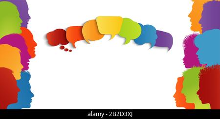 Bolla del parlato. Comunicazione collegamento gruppo di diverse persone multietniche.Speak. Informazioni sharing.Communicating parlare condividere idee e pensiero Foto Stock