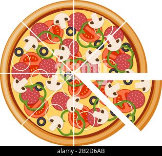 Pizza con pomodori a fette funghi salame salsiccia cipolla peperone olive nere e formaggio. Pasto italiano a base di fast food isolato vettore eps illustrazione Illustrazione Vettoriale