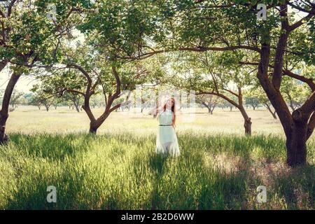 Bella fotoprofessione di matrimonio. La giovane sposa carina in un elegante abito in pizzo bianco nel mezzo degli alberi in un grande giardino verde sulla weathery sunn Foto Stock